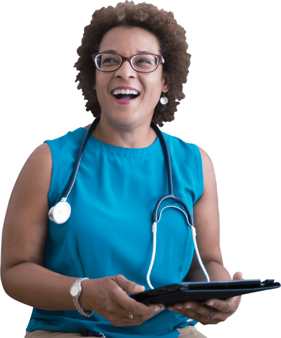 A woman wearing glasses and a stethoscope holds a tablet, representing occupational health and safety services.