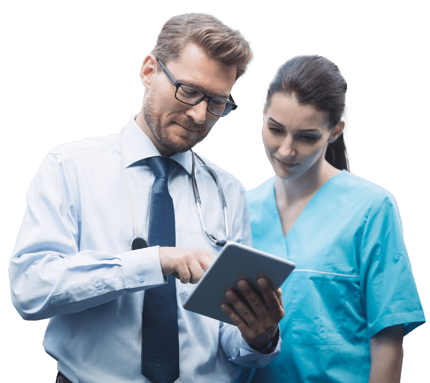 A man and woman in scrubs review information on a tablet, emphasizing their roles in occupational health and safety services.