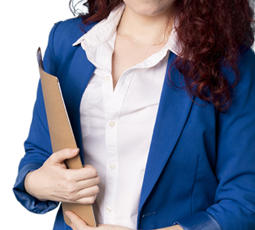 A professional woman in a blue blazer holds a folder, representing an occupational health service setting.