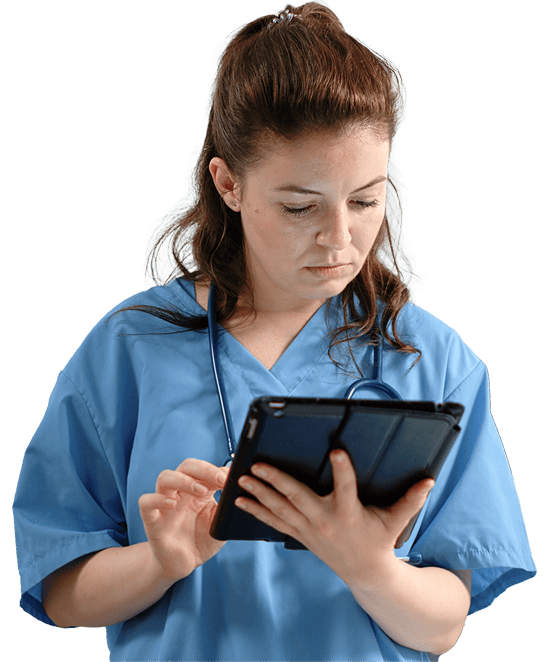 A nurse in scrubs holds a tablet, symbolizing occupational health and safety services in a clinical setting.