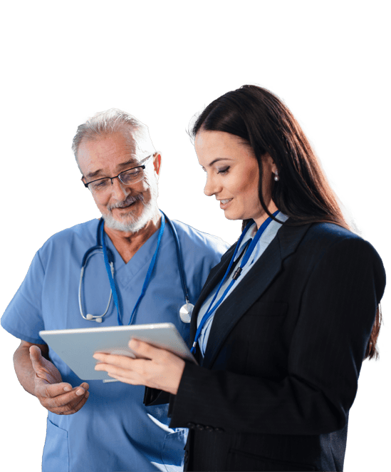 A doctor and a nurse review information on a tablet, emphasizing occupational health and safety services.