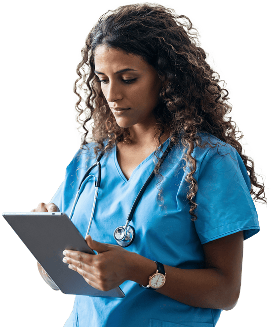 A female nurse in scrubs holds a tablet, symbolizing her role in occupational health and safety services.