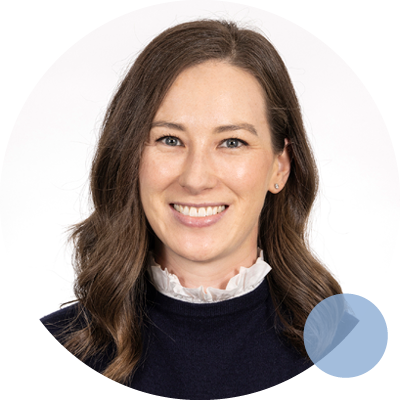 Dr. Leanna Perret, an Occupational Physician Registrar, is depicted with long hair next to a blue circle.